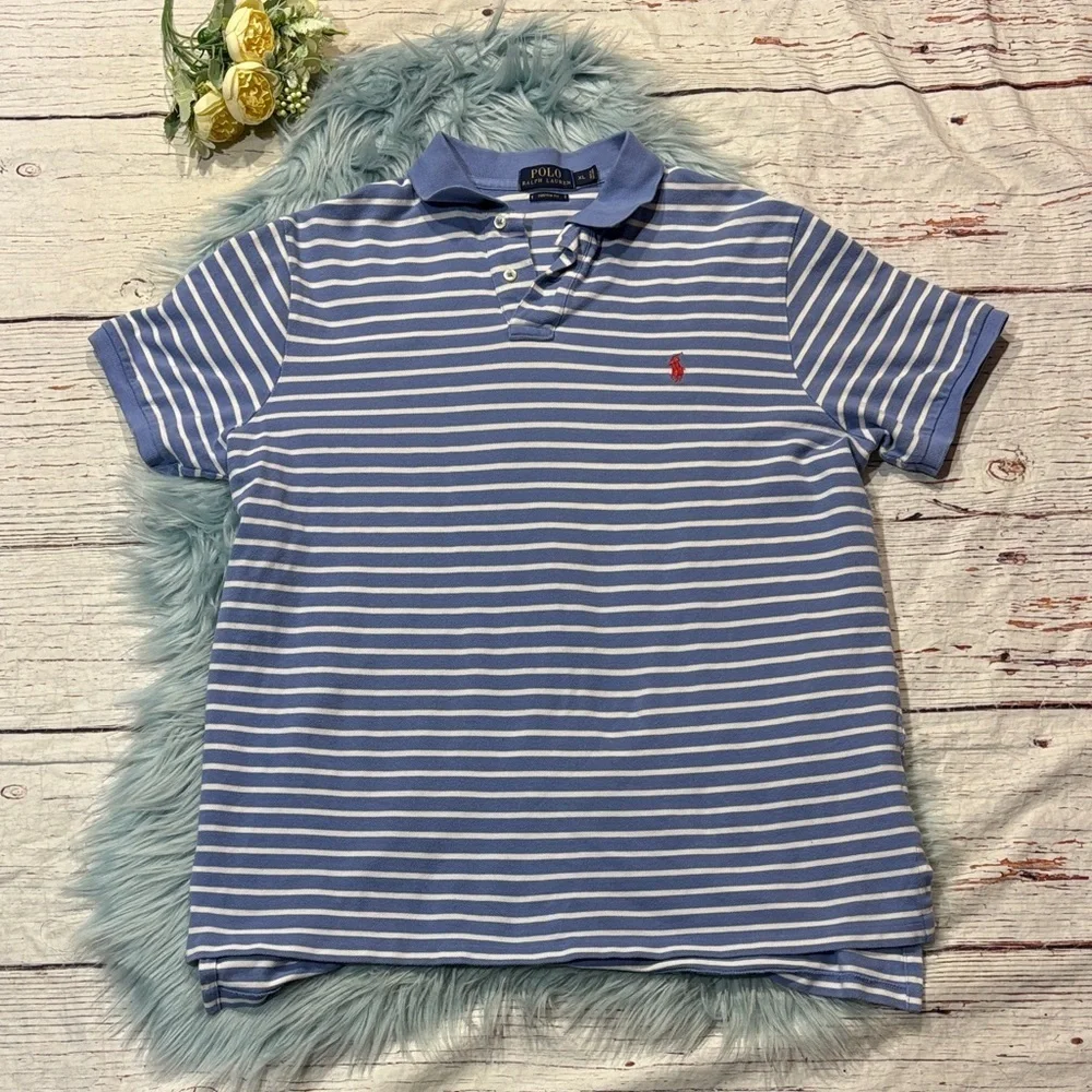 RALPH LAUREN Custom Fit Blue White Striped Red Logo Polo Shirt Top